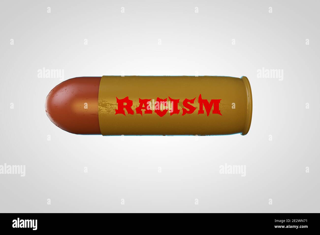 Bullet con un marchio di razzismo in avanti che dimostra il concetto di rischio di razzismo e discriminazione. Illustrazione 3D Foto Stock