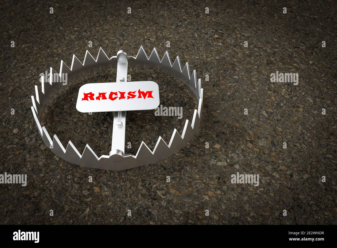 Trappola del razzismo metallico sull'asfalto che dimostra il concetto di rischio di razzismo e discriminazione. Illustrazione 3D Foto Stock