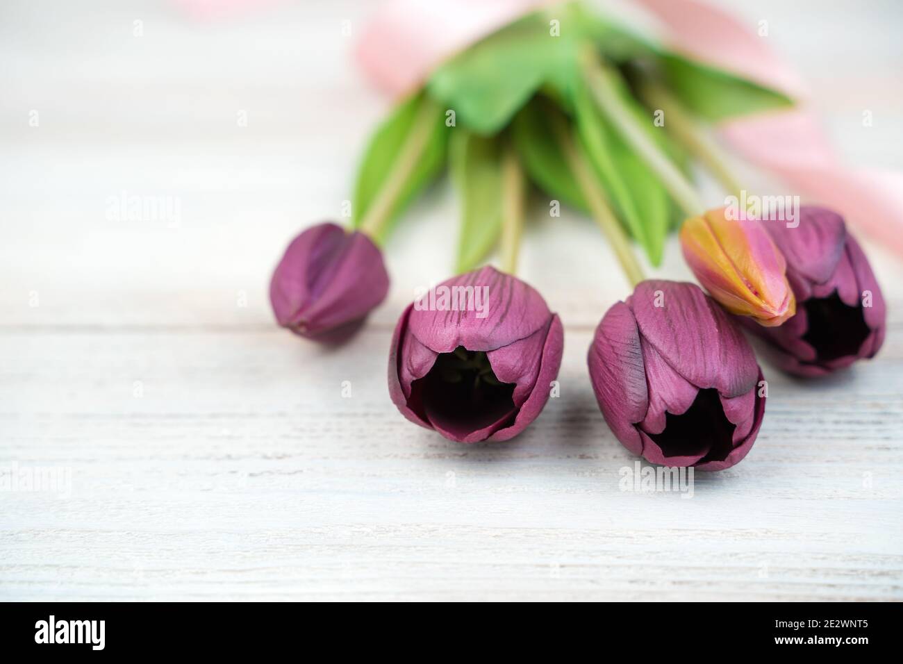 Cinque tulipani viola giacciono su un tavolo di legno chiaro. Vista laterale, primo piano. Foto Stock