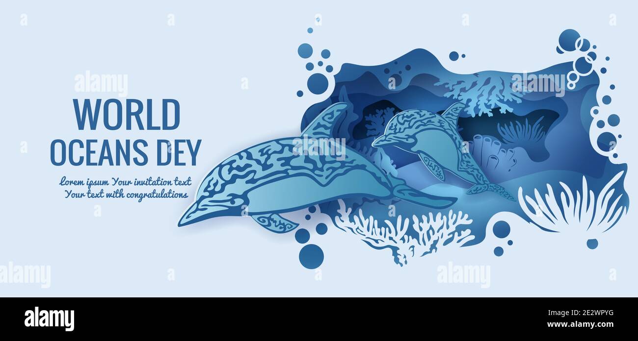 Text - giornata mondiale dell'oceano. Dolphin. Modello per la realizzazione di una cartolina. Immagine vettoriale per il taglio laser e la stampa di plotter. Fauna con animali marini. Illustrazione Vettoriale