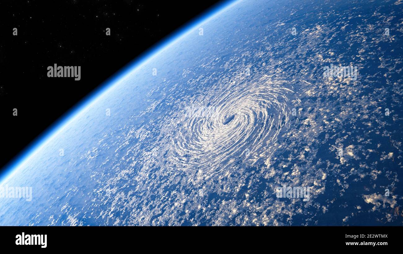 Vista satellitare dell'occhio della tempesta, tempesta tropicale. Formazione di uragani. Pressione atmosferica. Meteorologia. Cambiamento climatico e riscaldamento globale. Foto Stock