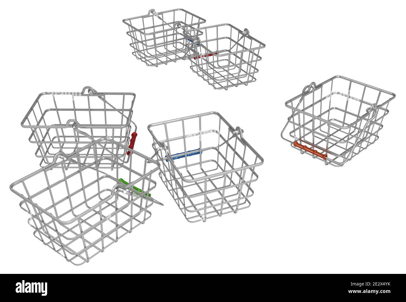 Cestelli della spesa metallo, illustrazione 3d, orizzontale, isolato, bianco Foto Stock