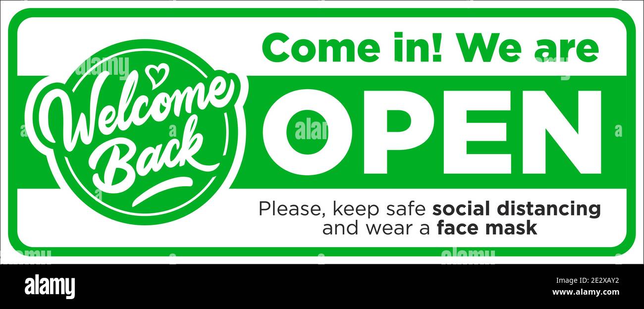 Apri il cartello sulla porta d'ingresso entra, stiamo lavorando di nuovo! Mantenere la distanza sociale e indossare la maschera facciale. Vettore Illustrazione Vettoriale