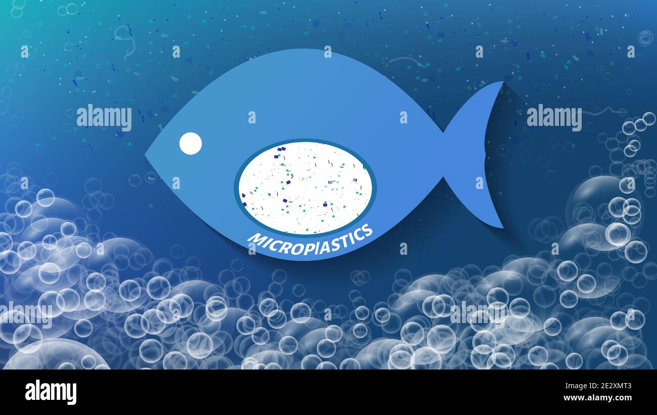 Nurdles microplastici illustrazione vettoriale che causa inquinamento dell'acqua. Sacchetti monouso in plastica, bottiglie, tazze, cannucce e altri materiali in poliestere e polipropilene Illustrazione Vettoriale