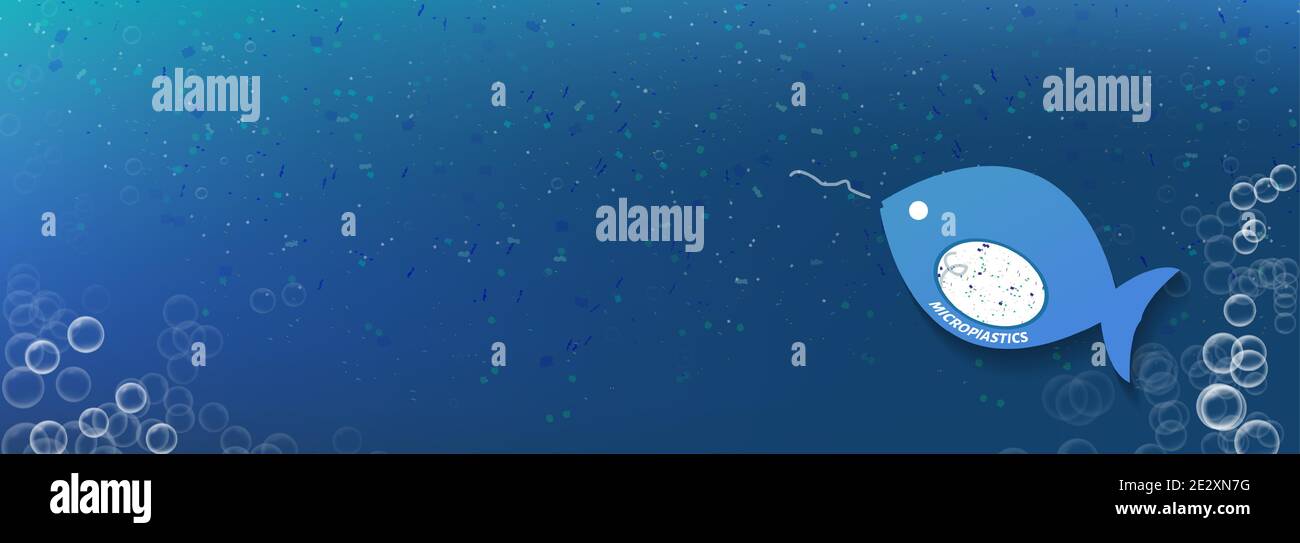 Nurdles microplastici illustrazione vettoriale che causa inquinamento dell'acqua. Sacchetti monouso in plastica, bottiglie, tazze, cannucce e altri materiali in poliestere e polipropilene Illustrazione Vettoriale