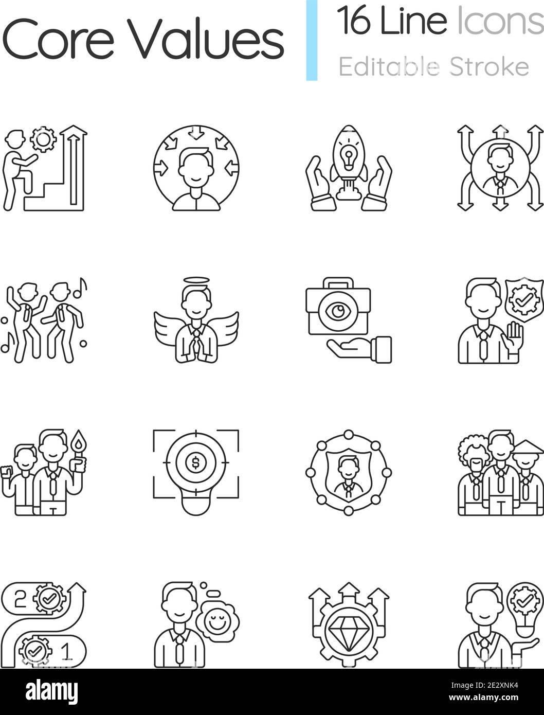 Set di icone lineari dei valori fondamentali Illustrazione Vettoriale