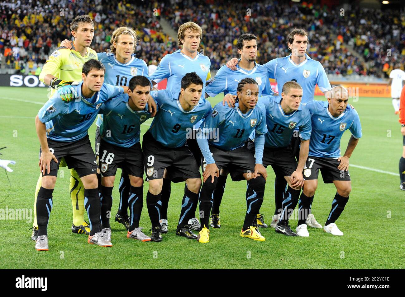 Squadra dell'Uruguay durante la partita di calcio dei Mondiali 2010, Gruppo  A, Francia (nazionale francese) contro Uruguay della Coppa del mondo di  calcio 2010 a Capetown, Sudafrica, il 11 giugno 2010. La