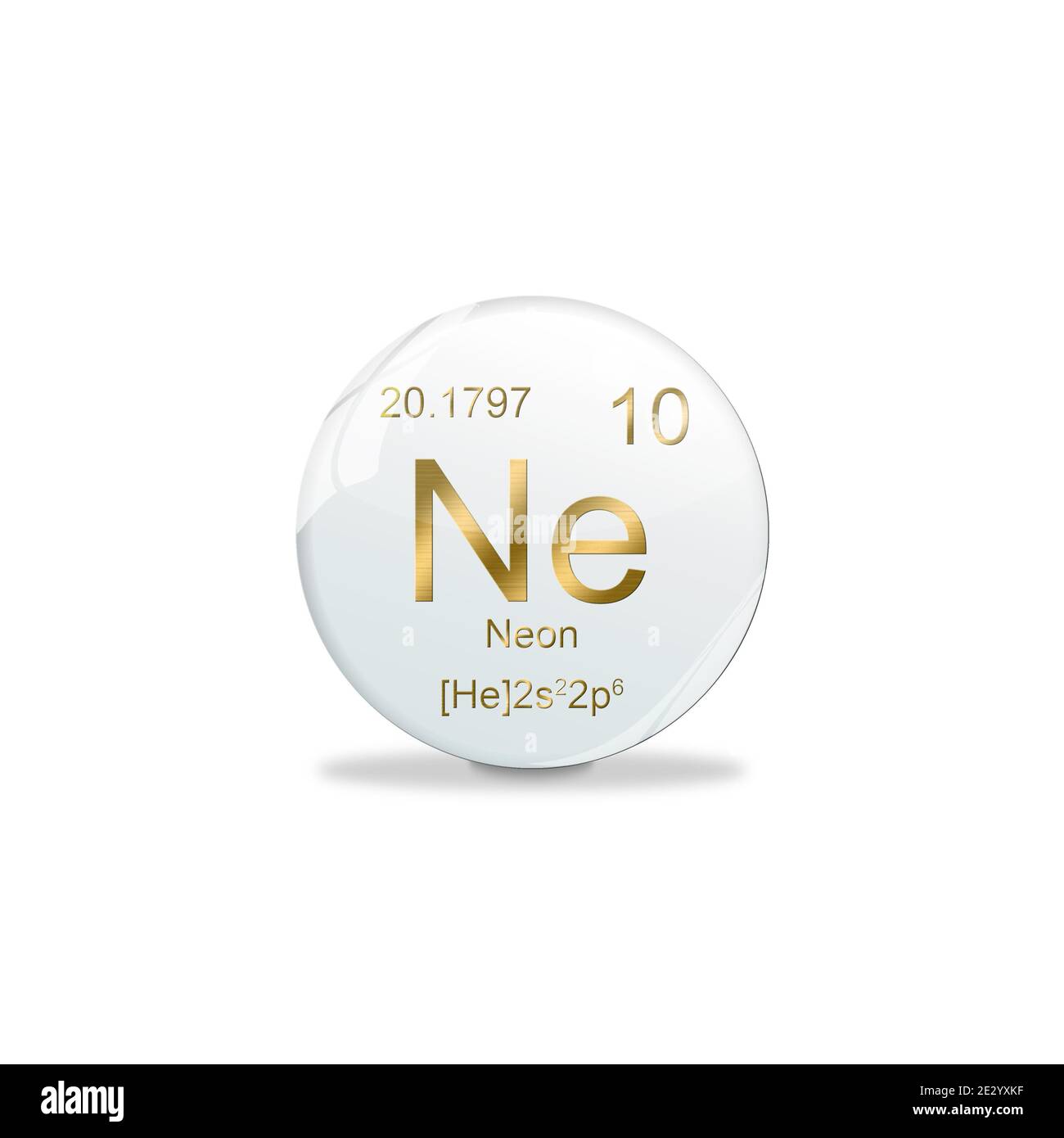 Illustrazione 3D, simbolo Neon - NE. Elemento del tavolo periodico su pallina bianca con segni dorati. Sfondo bianco Foto Stock