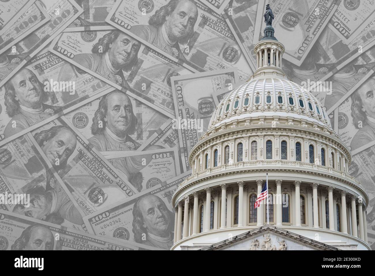 L'edificio del Campidoglio degli Stati Uniti d'America a Washington D.C. viene mostrato sovrapposto ad una collezione di bollette da 100 dollari. Foto Stock