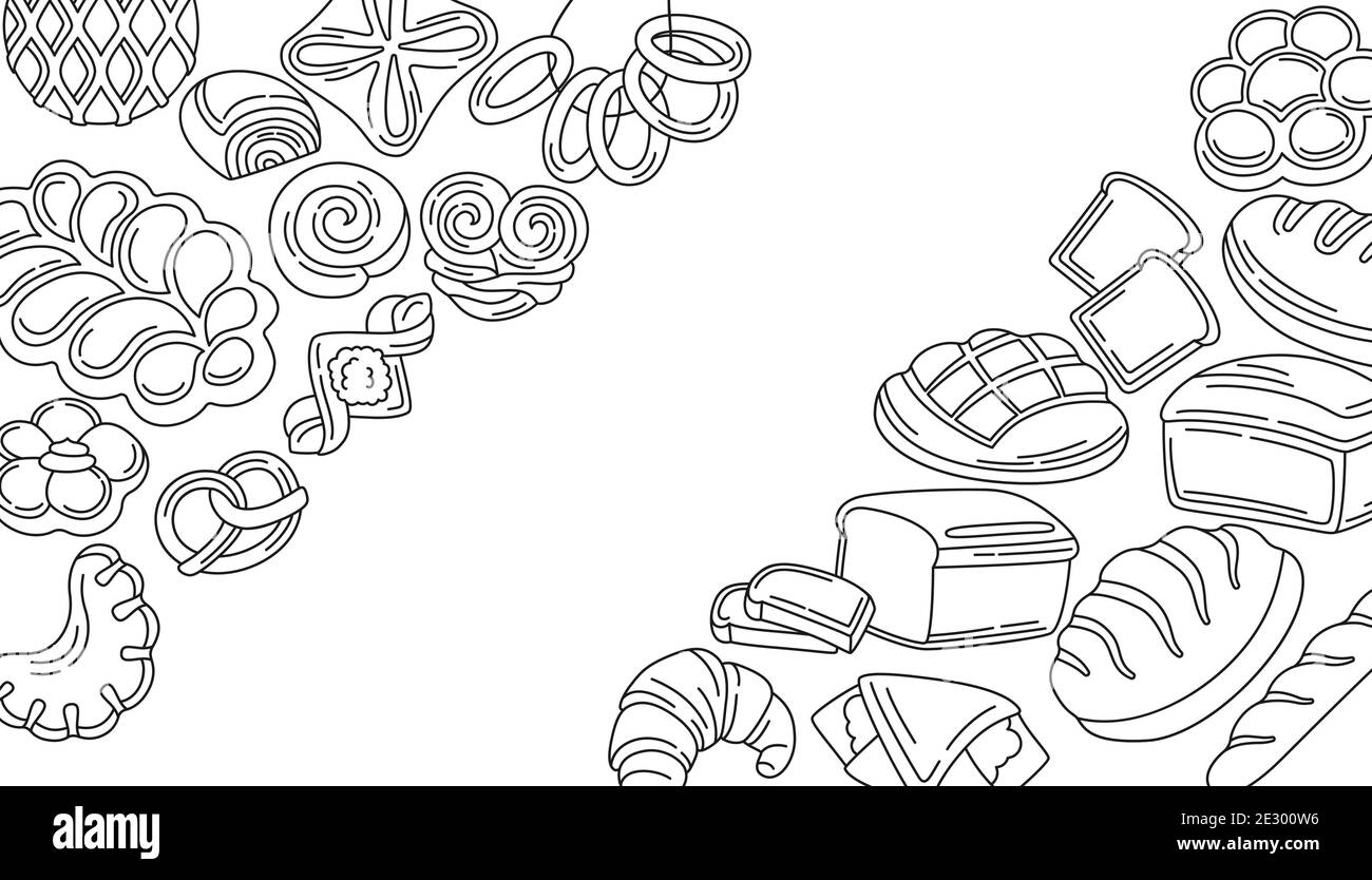 La linea di cartoni animati del pane si trova sullo sfondo dei bordi per la cottura del menu. Segale, pane integrale e pane di frumento, pretzel, muffin, croissant. Pasticceria da forno lineare. Illustrazione vettoriale vintage Illustrazione Vettoriale