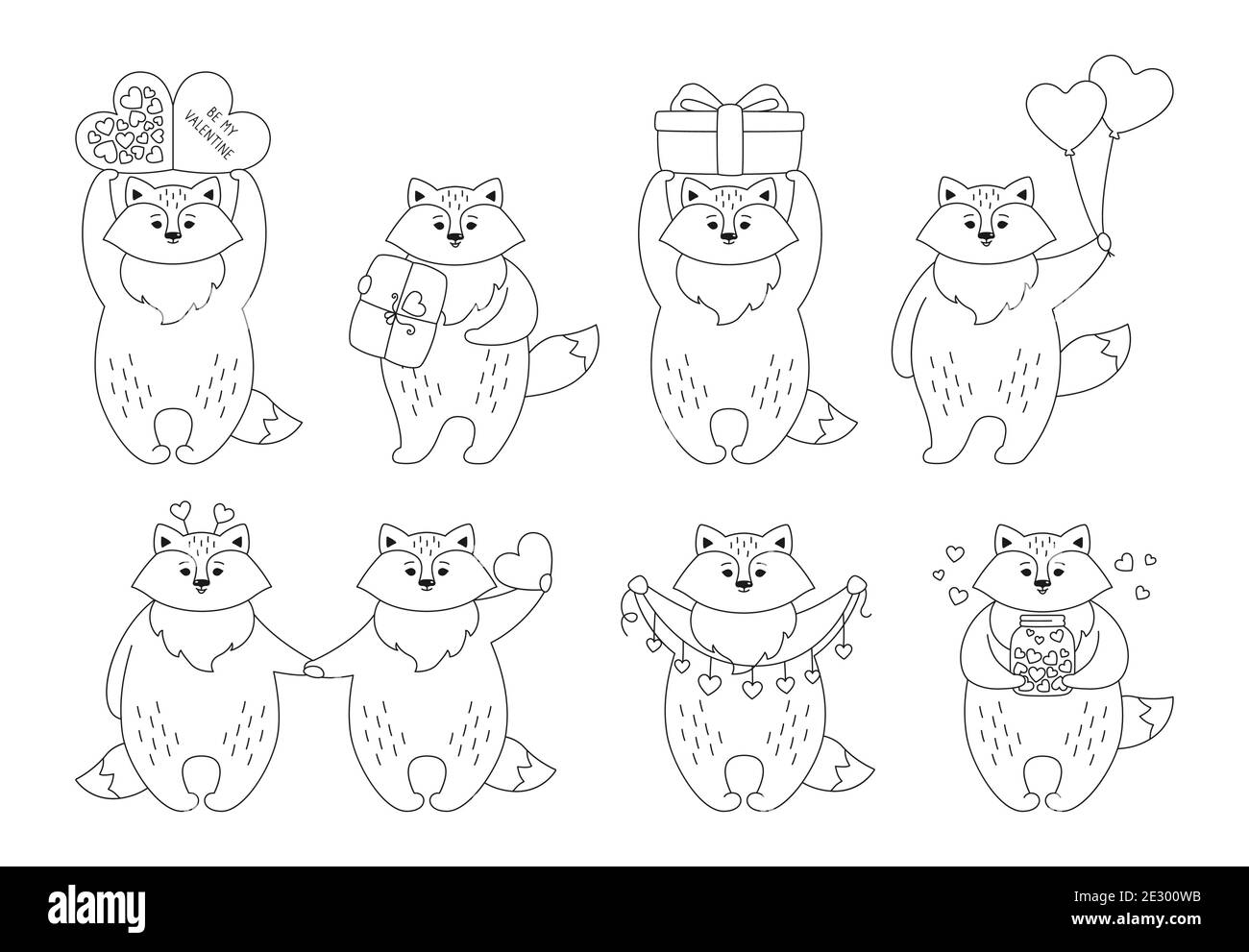 Set lineare nero fumetto Fox per biglietto d'auguri San Valentino. Doodle disegnato divertente personaggio animale con cuori, palloncino regalo. Banner romantico carino foresta bianca volpe. Stampa illustrazione del vettore amore Illustrazione Vettoriale