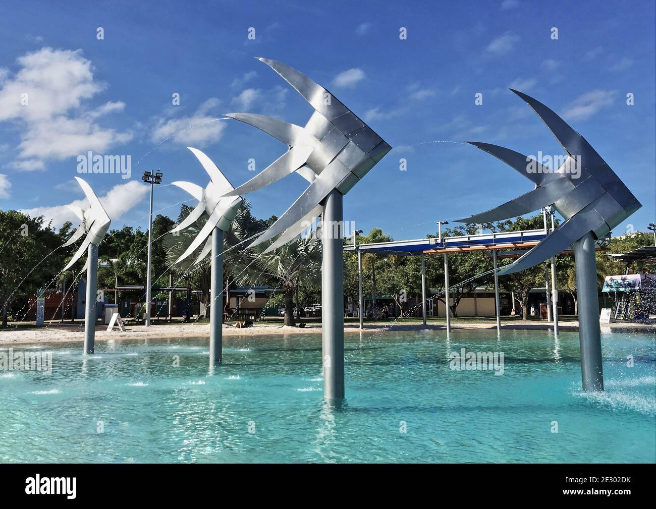 Le sculture di pesce in acciaio inossidabile in piedi nel grande Nuoto Una giornata in laguna lungo il lungomare di Cairns All'Esplanade Foto Stock