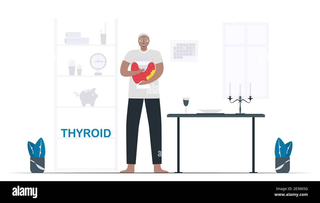 Mese della consapevolezza della tiroide, gennaio. La gente vive ancora con la malattia della tiroide. Prendetevi cura di voi stessi a casa. Immagine vettoriale piatta isolata sulla parte posteriore bianca Illustrazione Vettoriale