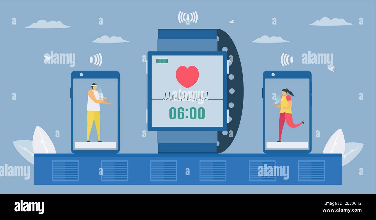 Smartwatch e smartphone per la salute. Controllo della frequenza cardiaca, della temperatura e di altri. Nuove tecnologie future per le persone. Illustrazione vettoriale infografica i Illustrazione Vettoriale