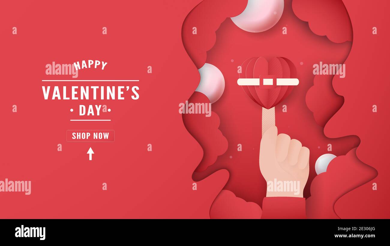 Sfondo banner per San Valentino. La mano tocca il cuore. Lo spazio di testo si trova sul lato sinistro. L'illustrazione vettoriale è in stile di taglio della carta. Illustrazione Vettoriale