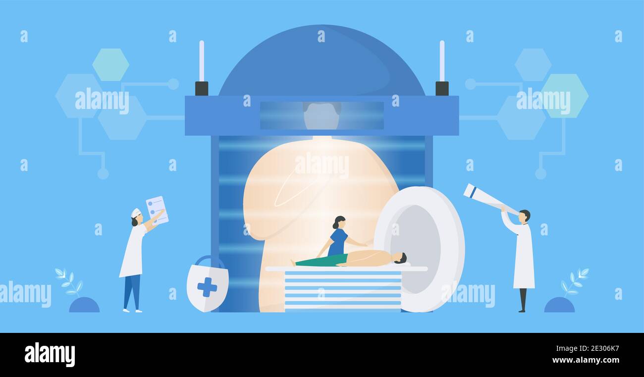 Sistemi di scansione medica RM. Il medico controlla il corpo dell'uomo. Parte del flusso di lavoro della cura del paziente. Design piatto in stile minimal. Illustrazione Vettoriale