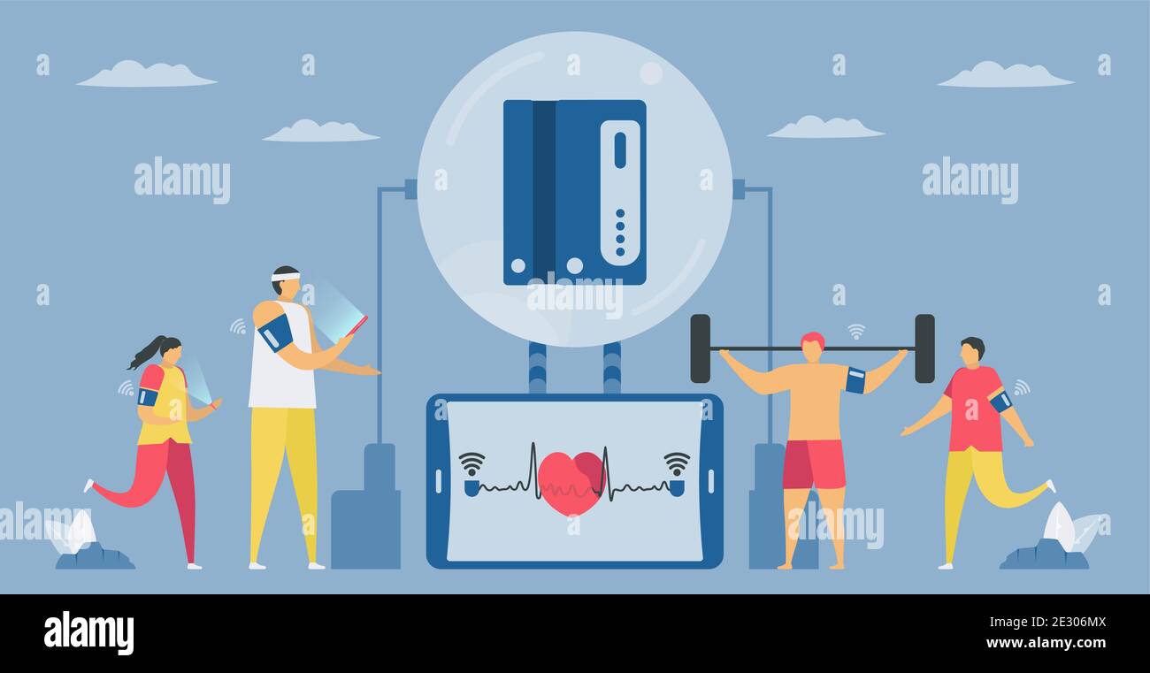 Monitor della pressione sanguigna del braccio con modulo wireless. Nuova tecnologia per il controllo del battito cardiaco e del polso. Facile da installare e da usare da soli. Vettore Illustrazione Vettoriale