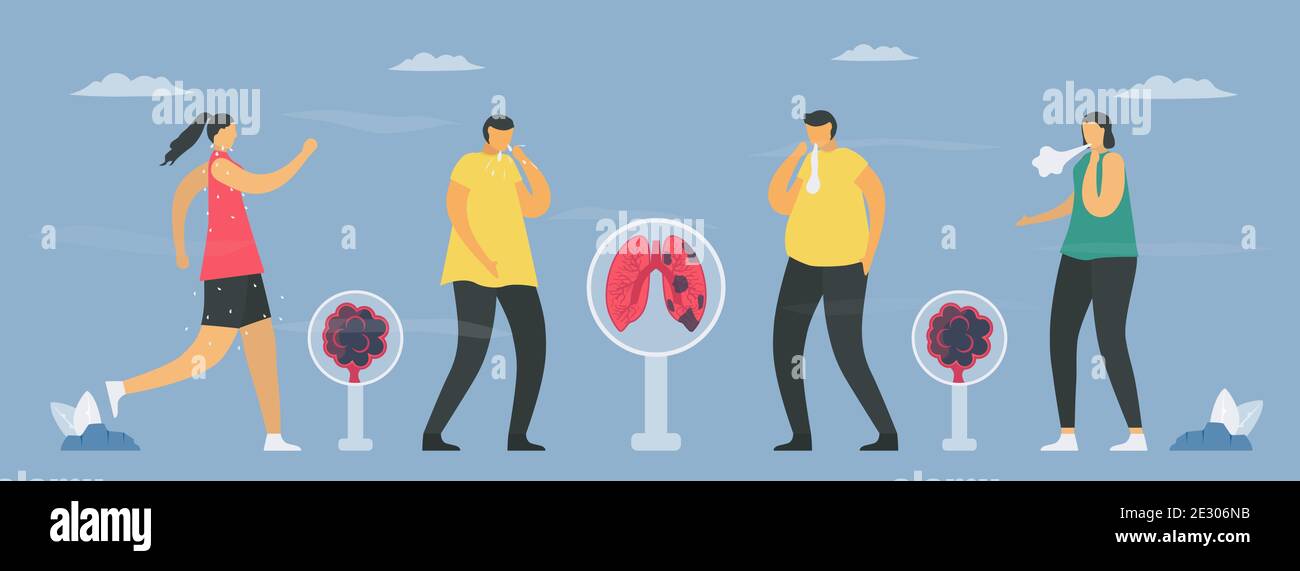 I sintomi della BPCO includono stanchezza, tosse, espettorato, sibilo. I polmoni hanno problemi respiratori e un flusso d'aria insufficiente. Illustrazione vettoriale pulmonologa. Illustrazione Vettoriale