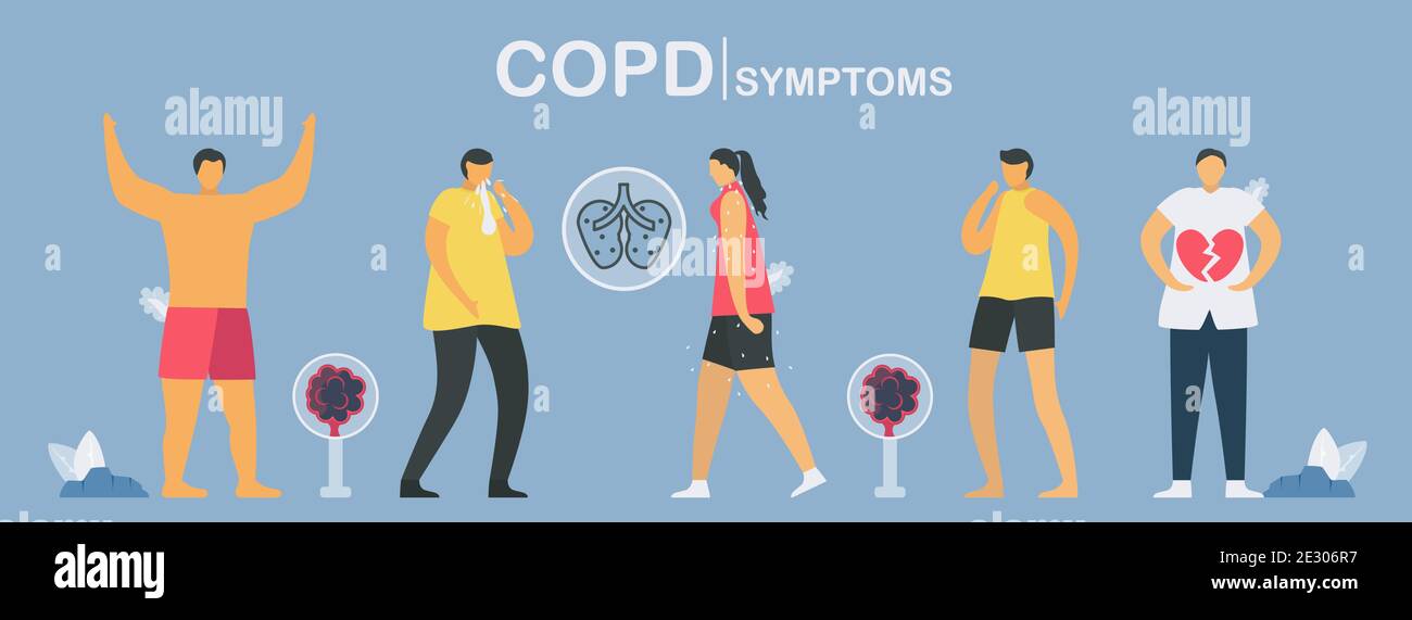 Il principale processo dei sintomi della BPCO inizia da forte, espettorato, stanco, tosse fino ad attacco di cuore. I polmoni hanno problemi respiratori e un flusso d'aria insufficiente. Pulmonologa Illustrazione Vettoriale