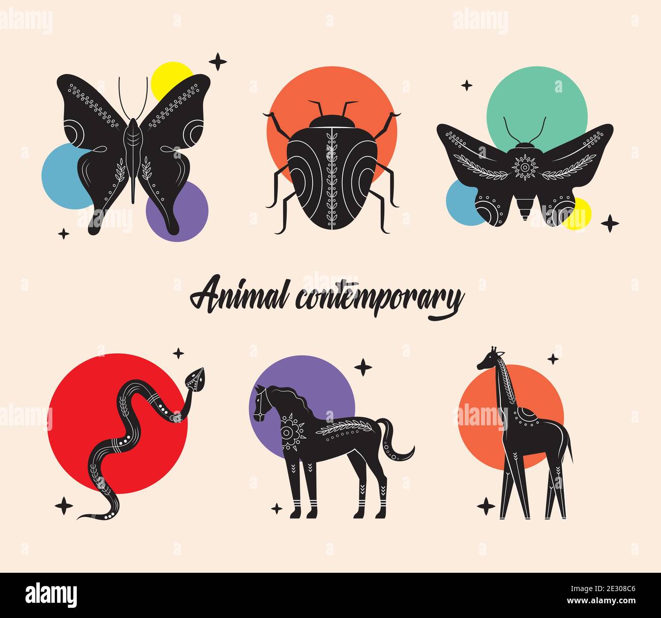 pacchetto di sei animali silhouette contemporanee icone della natura Illustrazione Vettoriale