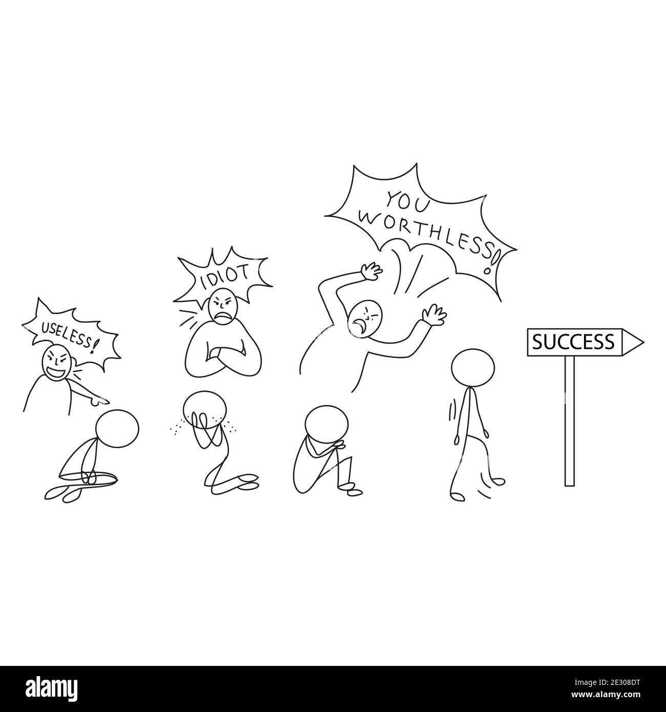 Illustrazione disegnata a mano concetto di modo di successo. Ignorare le parole negative degli altri Illustrazione Vettoriale