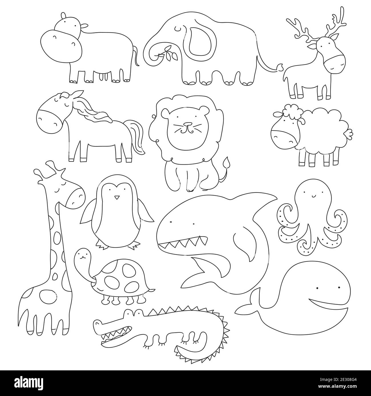 Cartoon vettore grande set di animali carini doodle. Perfetto per cartolina, compleanno, libro per bambini, camera per bambini Illustrazione Vettoriale