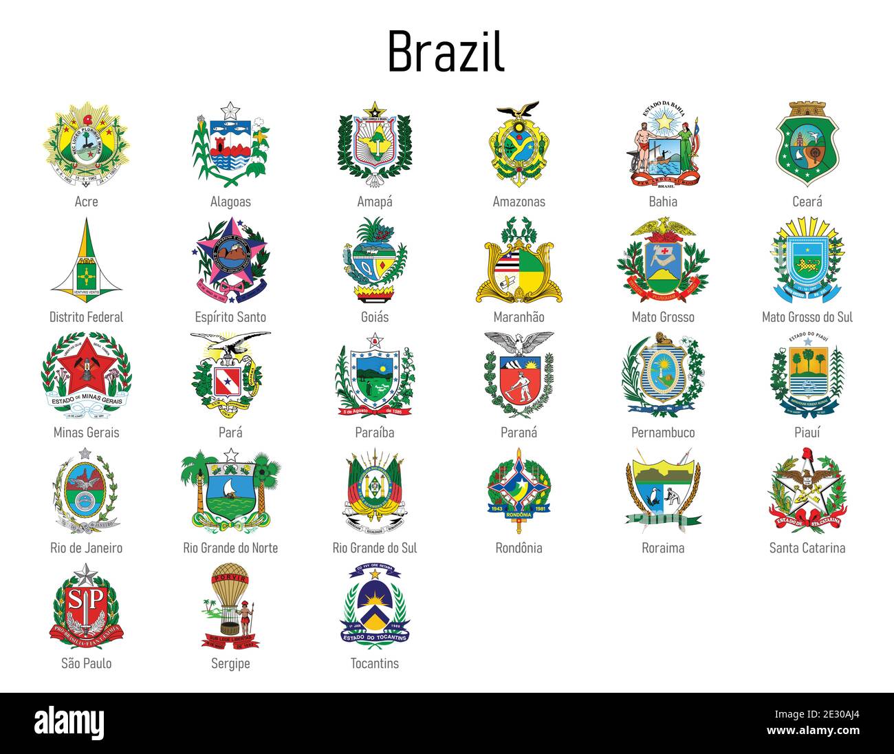 Stemma degli stati del Brasile, tutte le regioni brasiliane emblema collezione Illustrazione Vettoriale