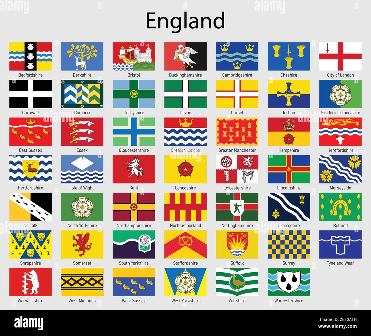 Set Bandiere delle contee dell'Inghilterra, tutte le regioni inglesi raccolta di bandiere Illustrazione Vettoriale
