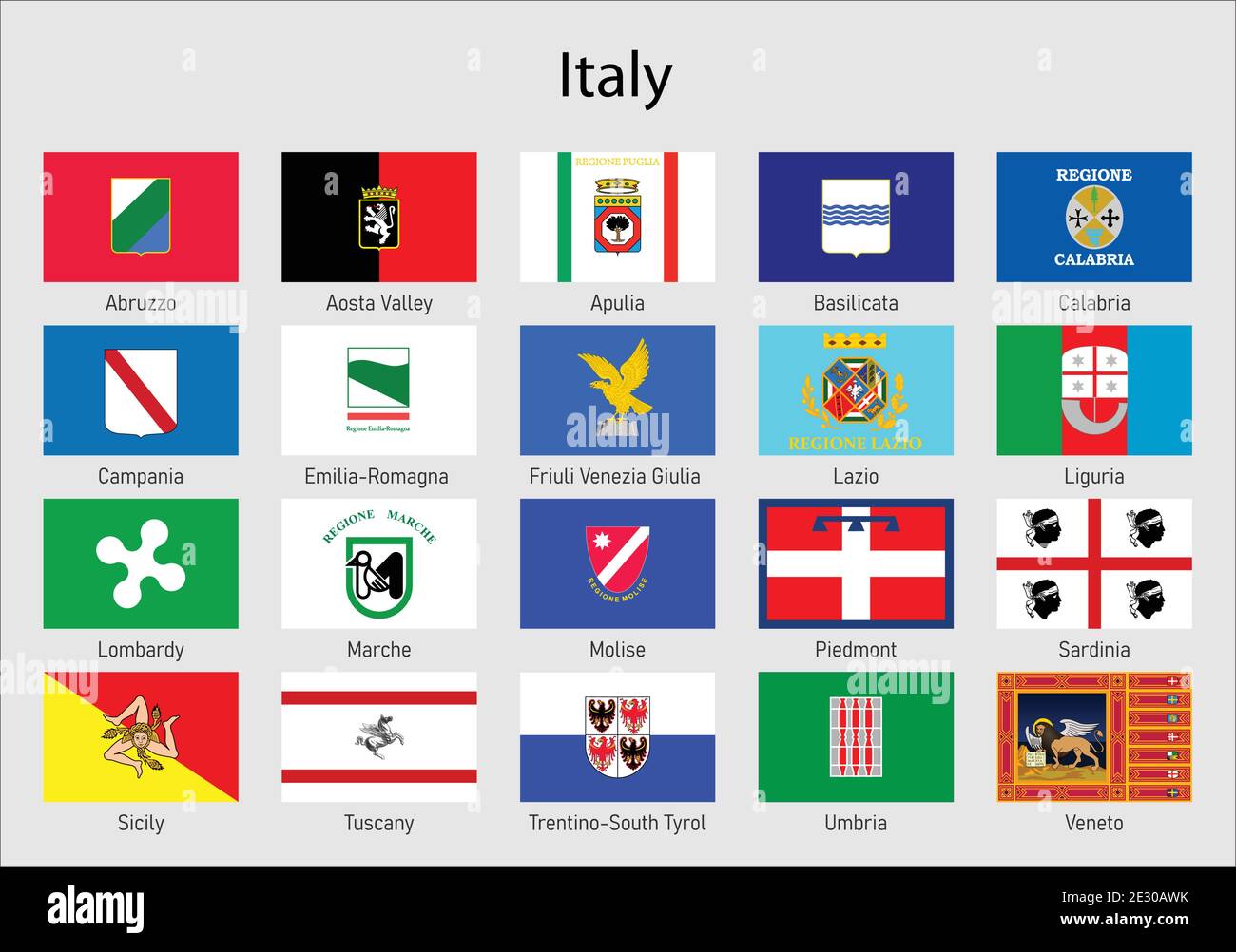 Set Bandiere degli stati d'Italia, tutte le regioni d'Italia raccolta bandiere Illustrazione Vettoriale