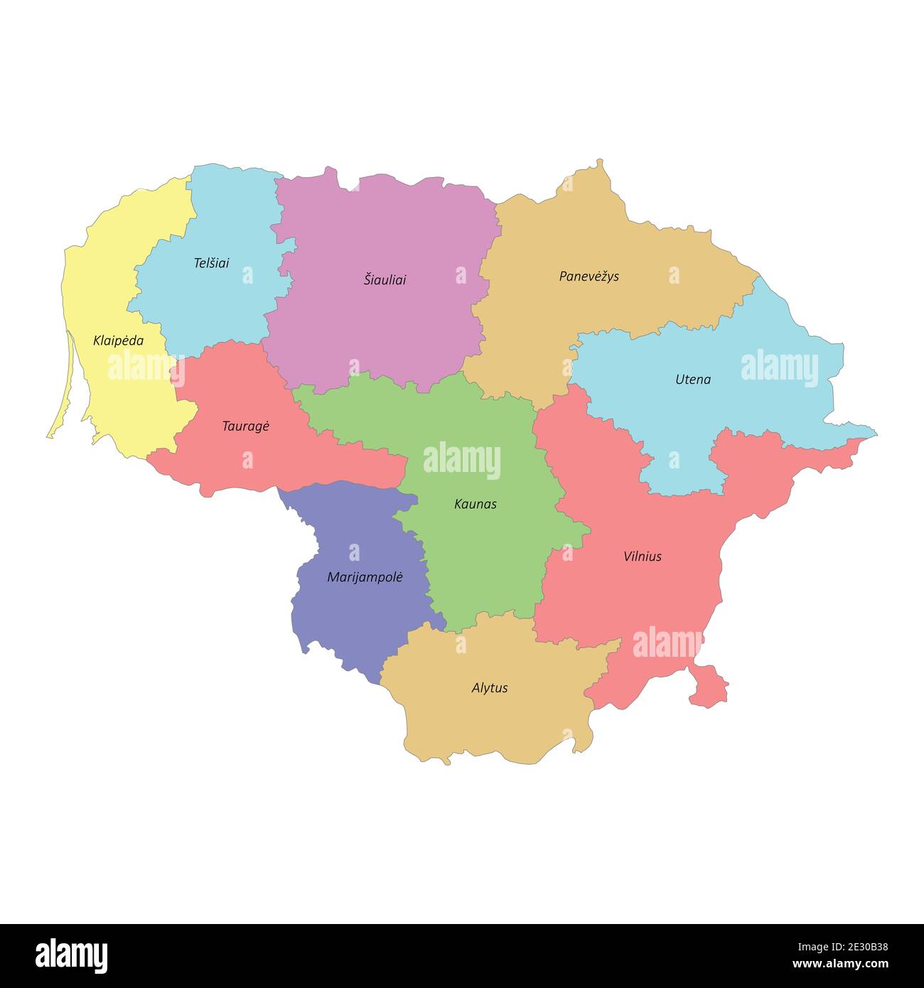 Mappa colorata di alta qualità della Lituania con i suoi confini le regioni Illustrazione Vettoriale