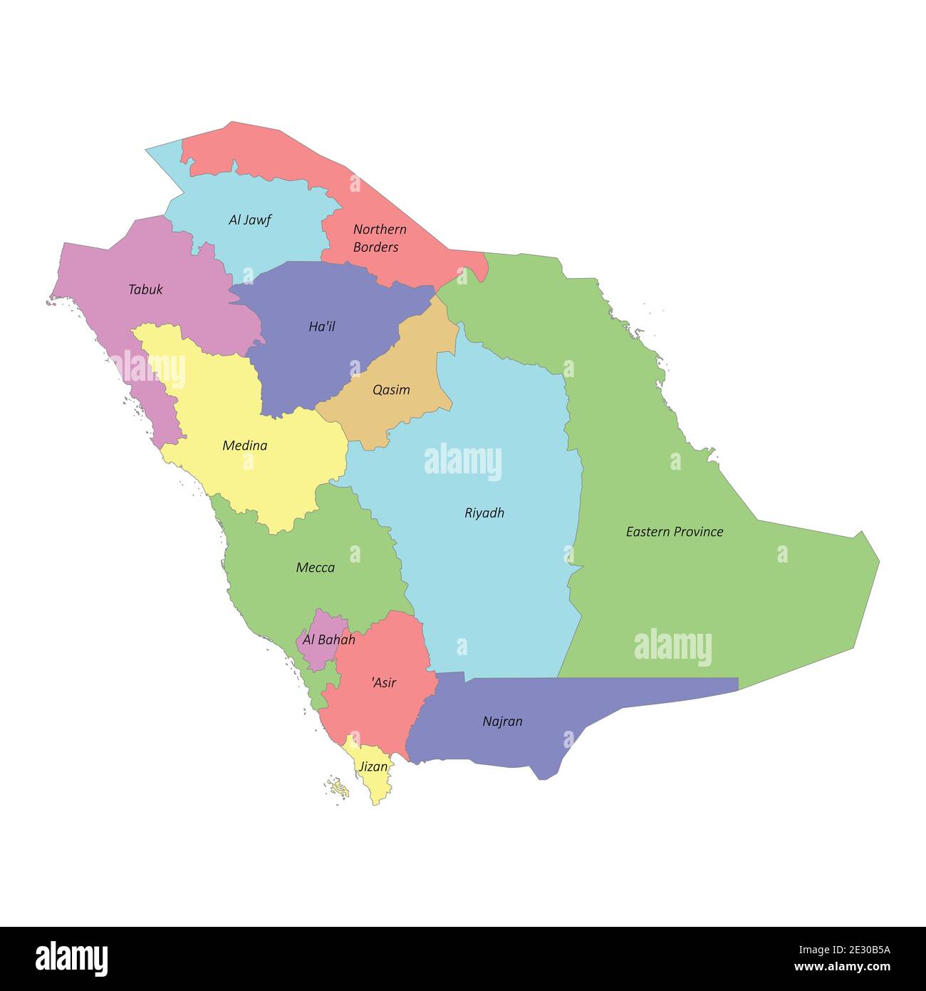 Mappa colorata di alta qualità dell'Arabia Saudita con confini delle regioni Illustrazione Vettoriale