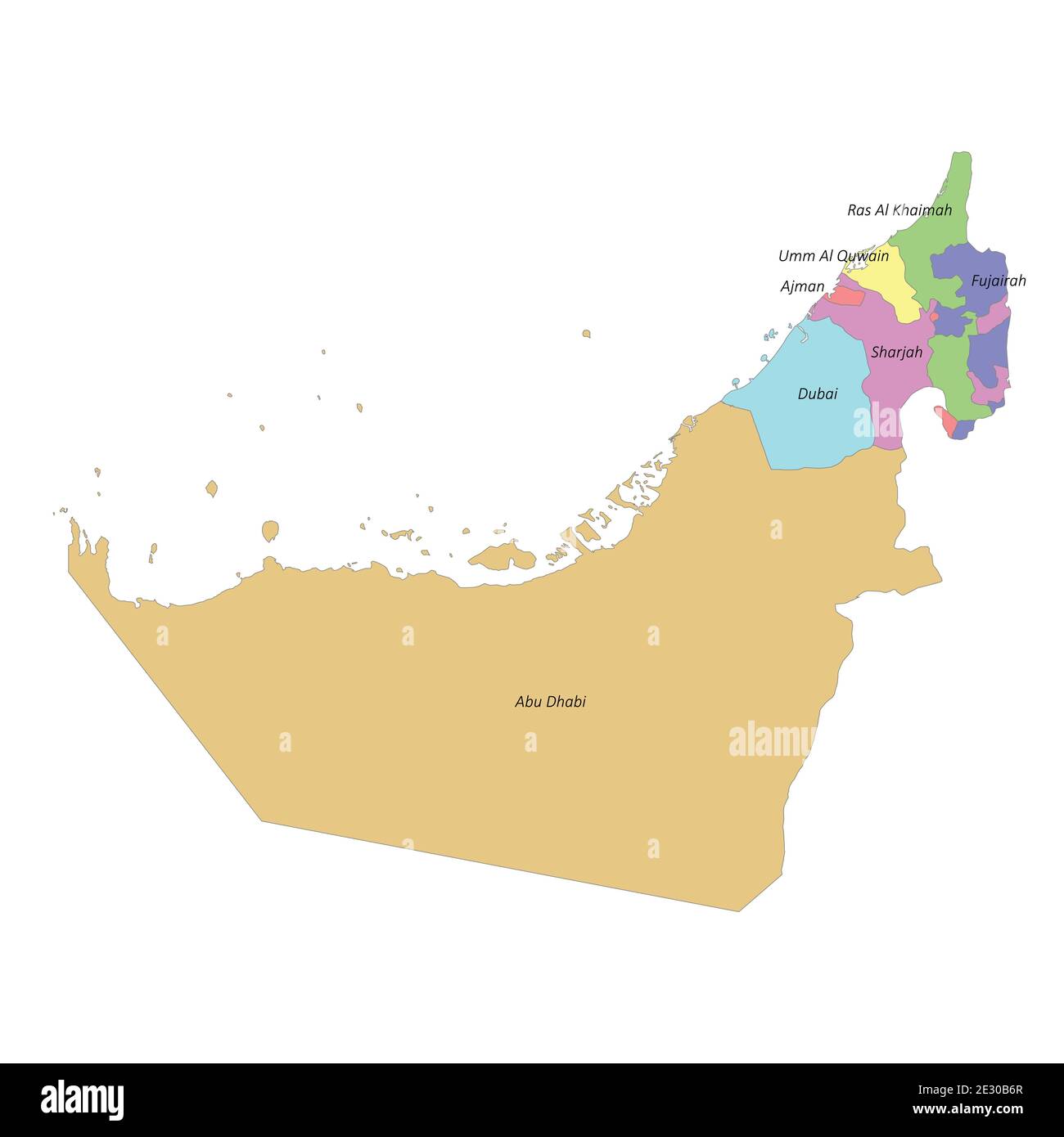 Mappa colorata di alta qualità degli Emirati Arabi Uniti con confini delle regioni Illustrazione Vettoriale