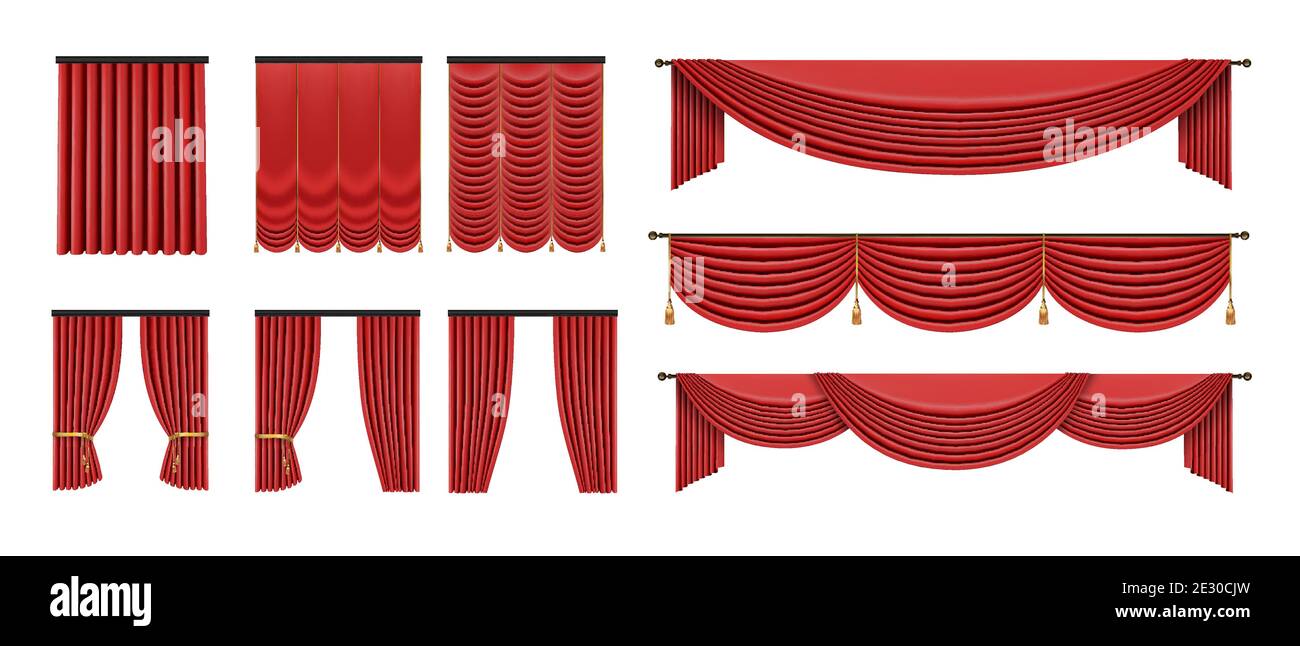 Tende rosse in stile classico isolate su sfondo bianco. Illustrazione vettoriale 3D Luxury realistica. Illustrazione Vettoriale