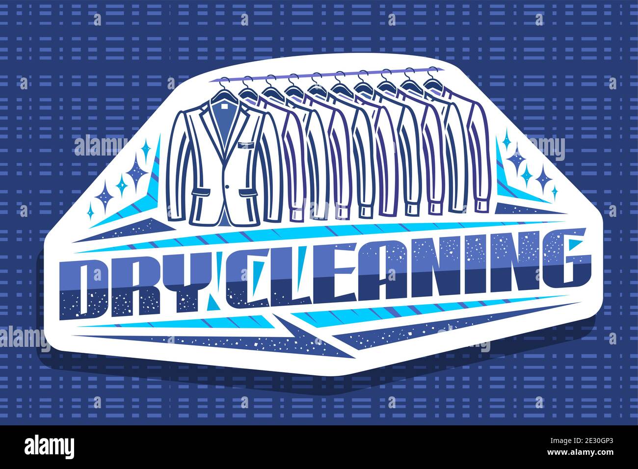 Logo vettoriale per pulitura a secco, cartellone decorativo bianco con contorno illustrazione di trendy tuxedos e camicie appesi su rack in una fila, creativo Ty Illustrazione Vettoriale