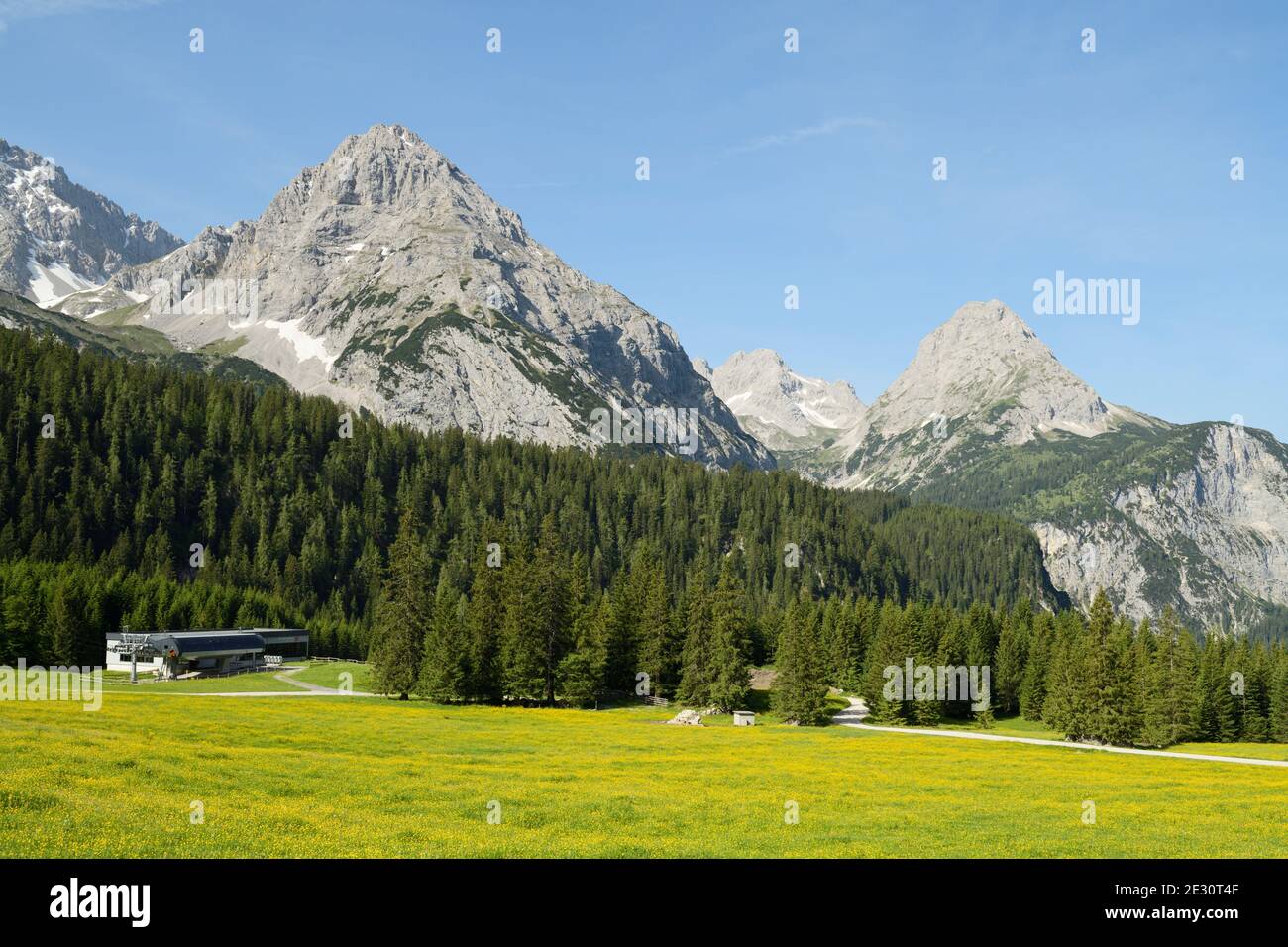 Ehrwald alp e Mt. Vorderer Tajakopf e Mt. Ehrwalder Sonnenspitze Foto Stock