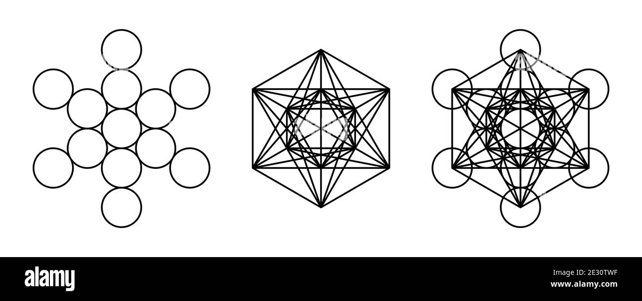 Componenti di Metatron Cube. Simbolo mistico, derivato dal Fiore della vita. Tutti e tredici i cerchi sono collegati con linee rette. Foto Stock