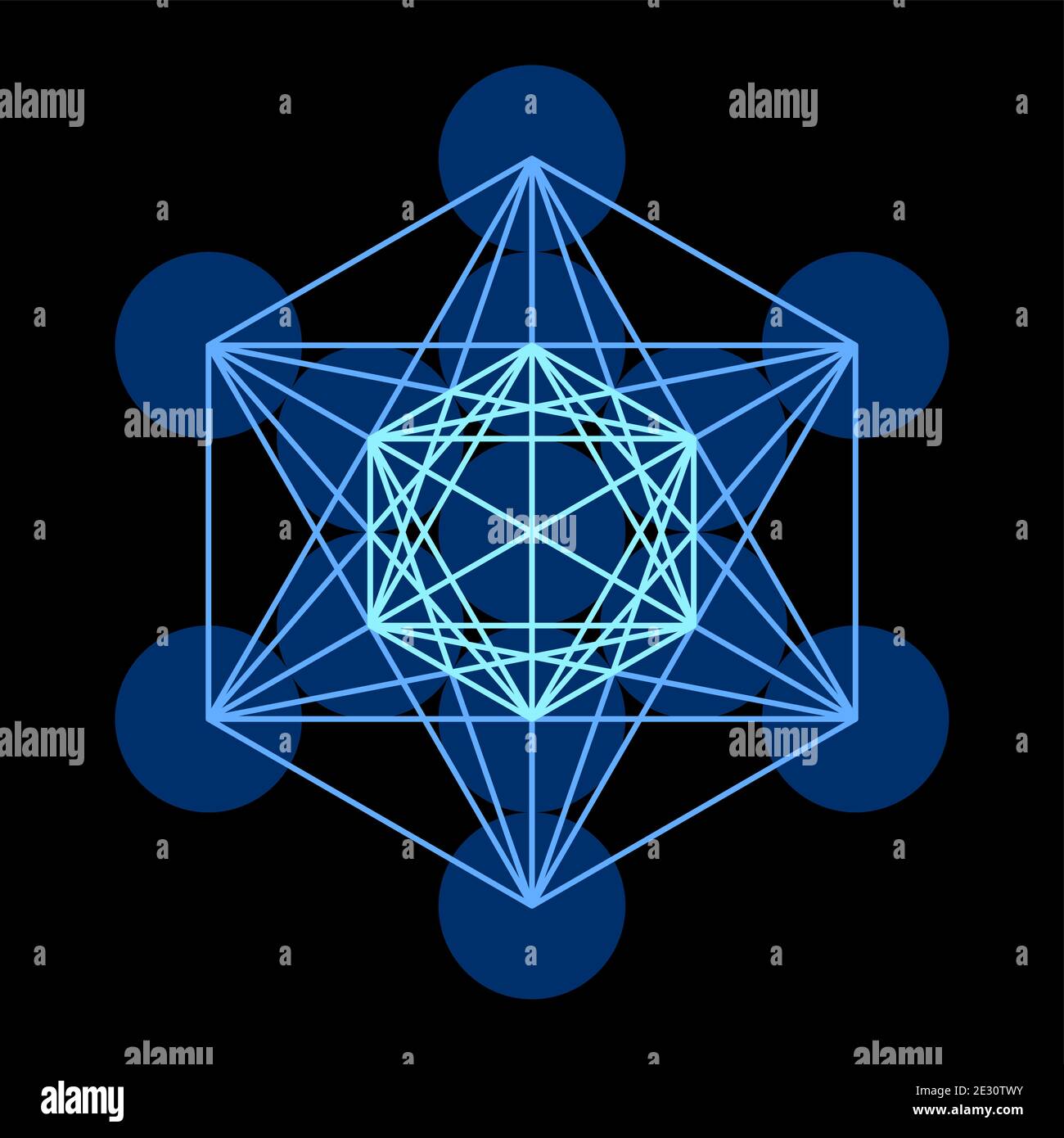 Cubo Metatron. Composizione di un simbolo mistico, derivato dal Fiore della vita. 13 cerchi, collegati con linee rette. Geometria sacra. Foto Stock