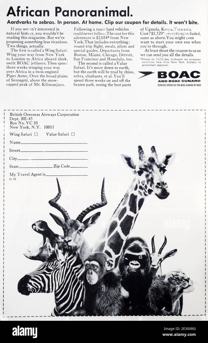 Annuncio della rivista 1966 per i voli turistici BOAC in Africa. Foto Stock
