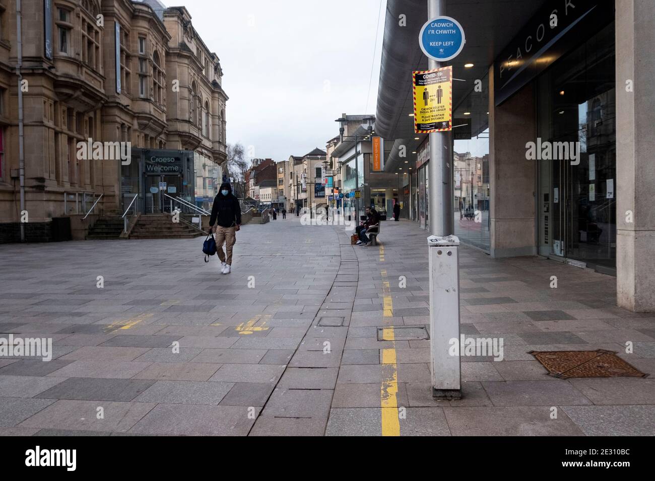 Cardiff, Galles. Gennaio 15 2021. Varie immagini di strada del centro di Cardiff sotto le restrizioni di livello 4. Foto Stock