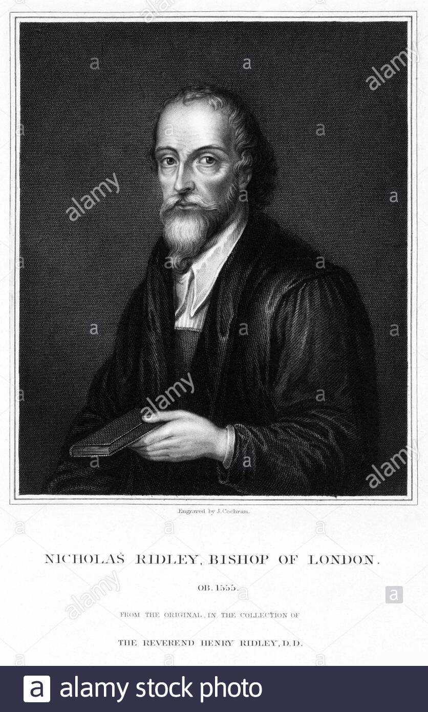 Nicholas Ridley Portrait, 1500 – Londra, 1555 anni, è stato un vescovo inglese. Ridley fu incendiato sul palo come uno dei martiri di Oxford durante le persecuzioni mariane per i suoi insegnamenti e il suo supporto di Lady Jane Grey, incisione d'epoca dal 1831 Foto Stock