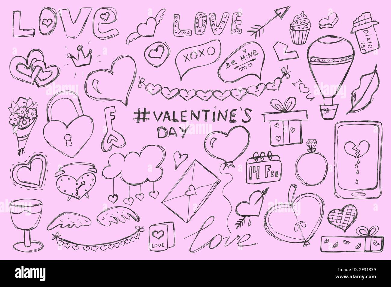 Enorme set di icone per San Valentino. Illustrazione vettoriale di oggetti doodle per la festa del 14 febbraio. Set di disegni a mano per romanticismo, matrimonio, data, invito, biglietto di auguri, amore. Icone per banner, vendite, app o annunci. Carino immagini rosa per San Valentino. Illustrazione Vettoriale