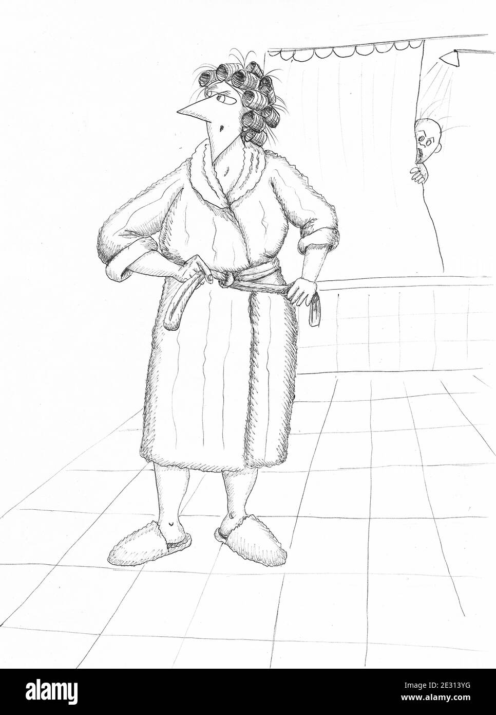 Donna che indossa accappatoio da bagno dopo aver fatto una doccia. Illustrazione. Foto Stock