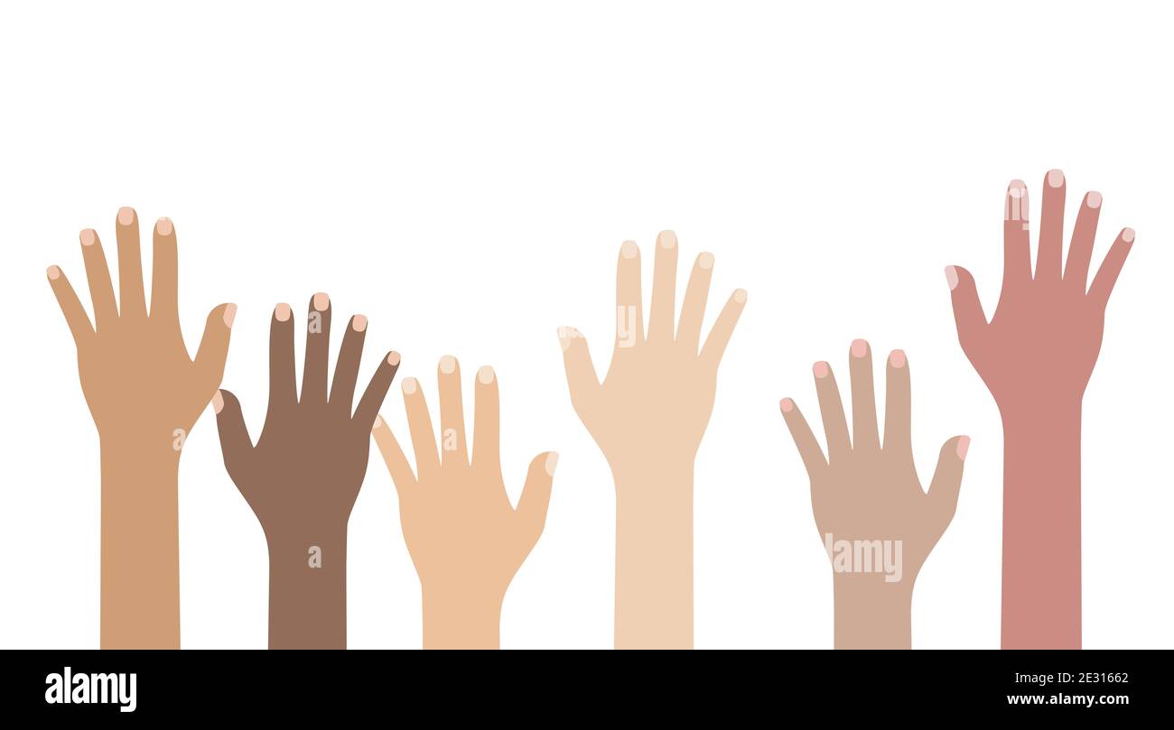 Concetto di integrazione delle comunità multiculturale e multietniche con mani umane rialzate. Uguaglianza razziale di cultura diversa e paesi backgro Foto Stock