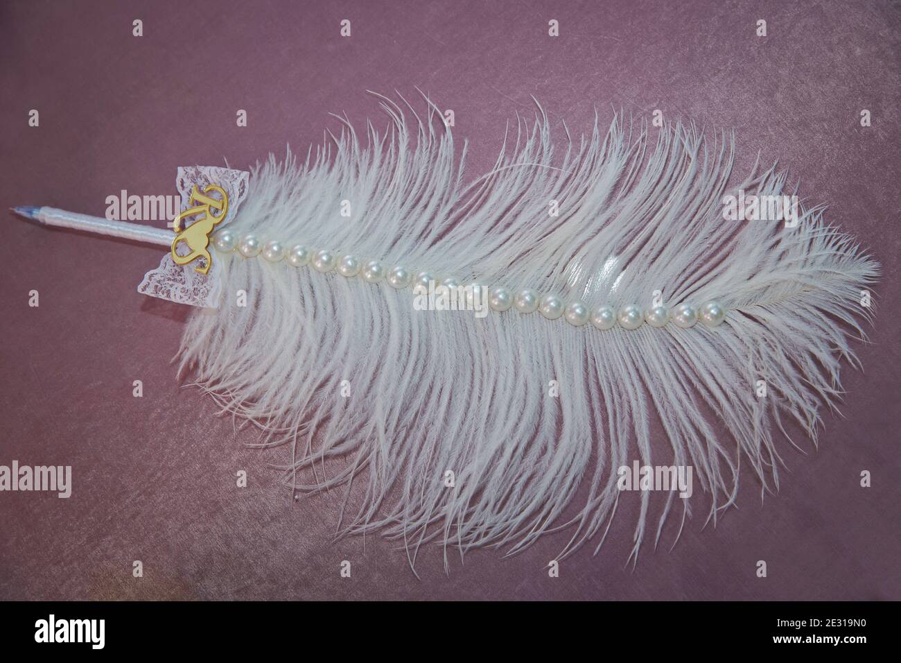 Bianco piuma matita sfondo rosa . Penna Quill di piuma . Strumento di scrittura di vecchia moda. Foto Stock
