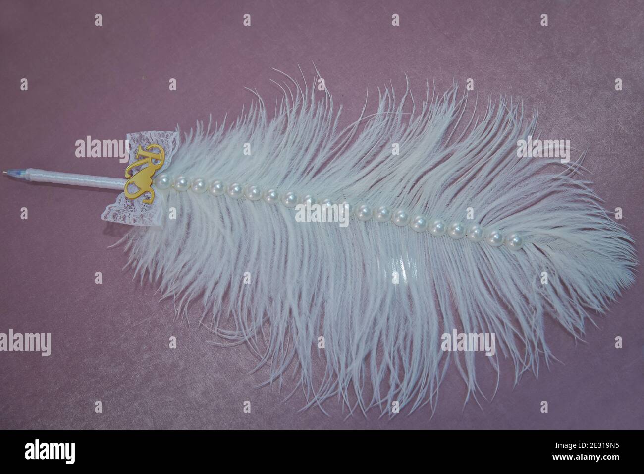 Bianco piuma matita sfondo rosa . Penna Quill di piuma . Strumento di scrittura di vecchia moda. Foto Stock