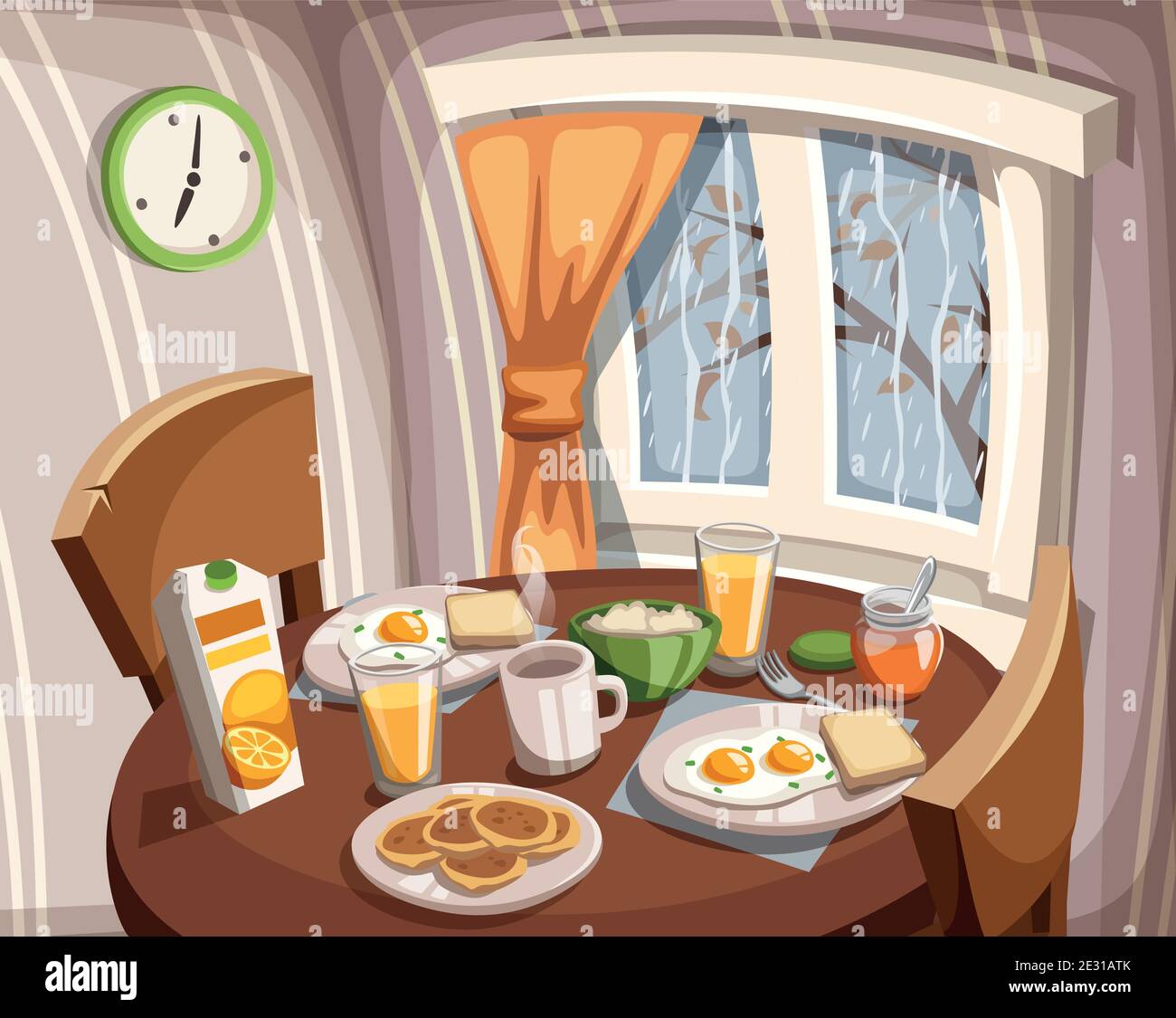 Interno vettoriale di una cucina o sala da pranzo con una prima colazione su un tavolo e una finestra con pioggia d'autunno fuori. Illustrazione Vettoriale