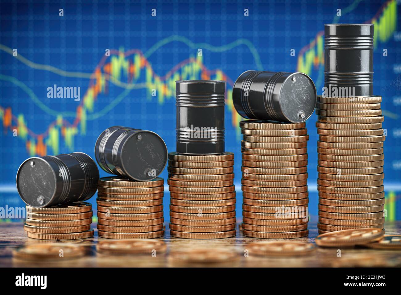Barili di petrolio su pila di monete d'oro. Crescita aumento dei prezzi delle scorte petrolifere. illustrazione 3d Foto Stock