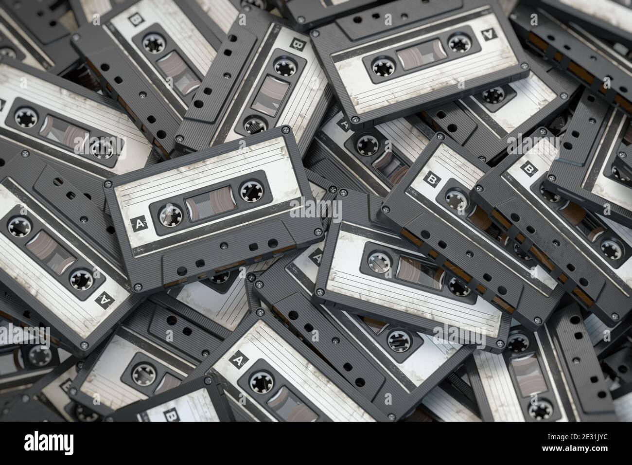 Un mucchio di audiocassette vintage. Retrò musica concetto sfondo. illustrazione 3d Foto Stock