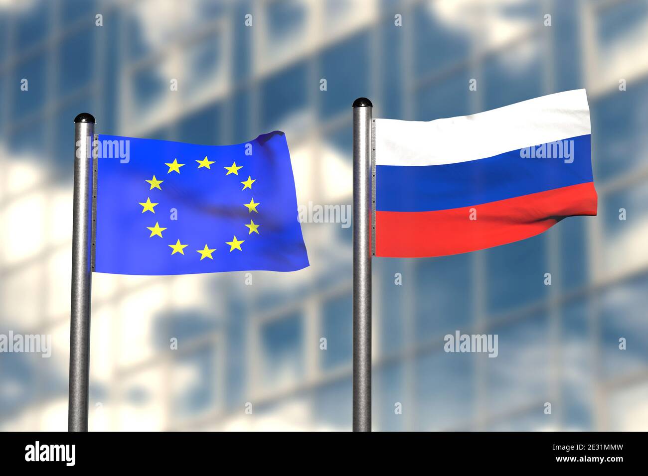 Rappresentazione 3d di una bandiera di Europa e Russia, davanti a uno sfondo sfocato, con un palo in acciaio Foto Stock