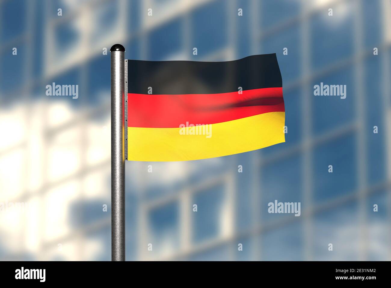 Rendering 3d di una bandiera della Germania, di fronte a uno sfondo sfocato, con un palo in acciaio Foto Stock
